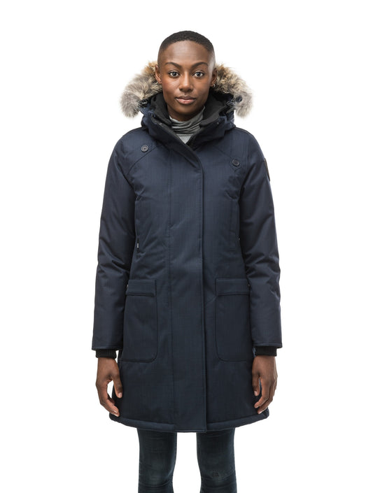 Best selling women's down filled knee length parka with removable down filled hood in CH Navy + CH Navy