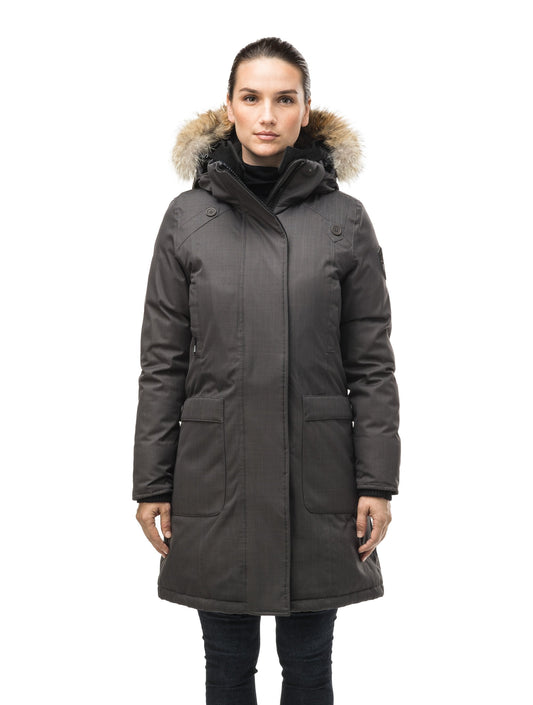 Best selling women's down filled knee length parka with removable down filled hood in CH Steel Grey + CH Steel Grey