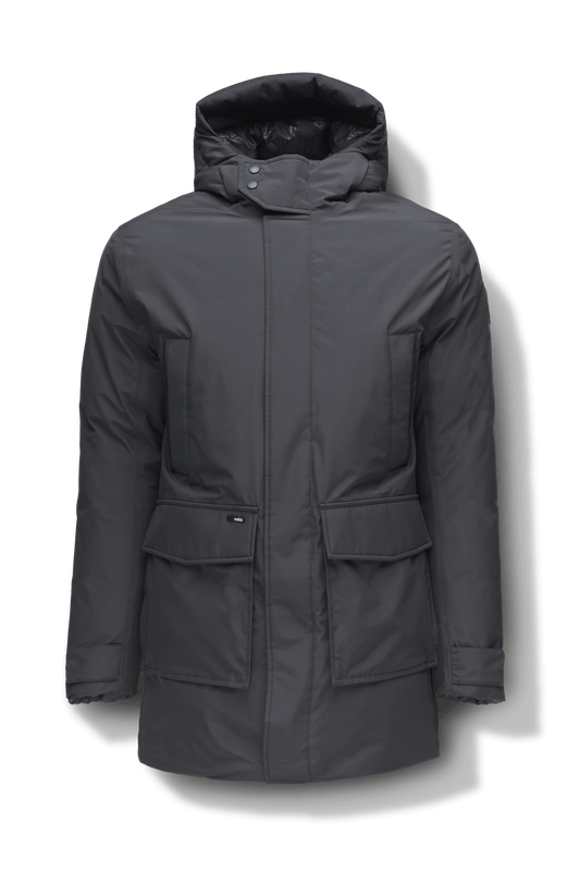 Kason Men's Light Down Parka in thigh length, premium 3-ply micro denier and stretch ripstop fabrication, Premium Canadian origin White Duck Down insulation, non-removable down-filled hood, two-way centre-front zipper, magnetic closure wind flap, fleece-lined pockets at chest and waist, flap pockets at waist, pit zipper vents, in Black + Black