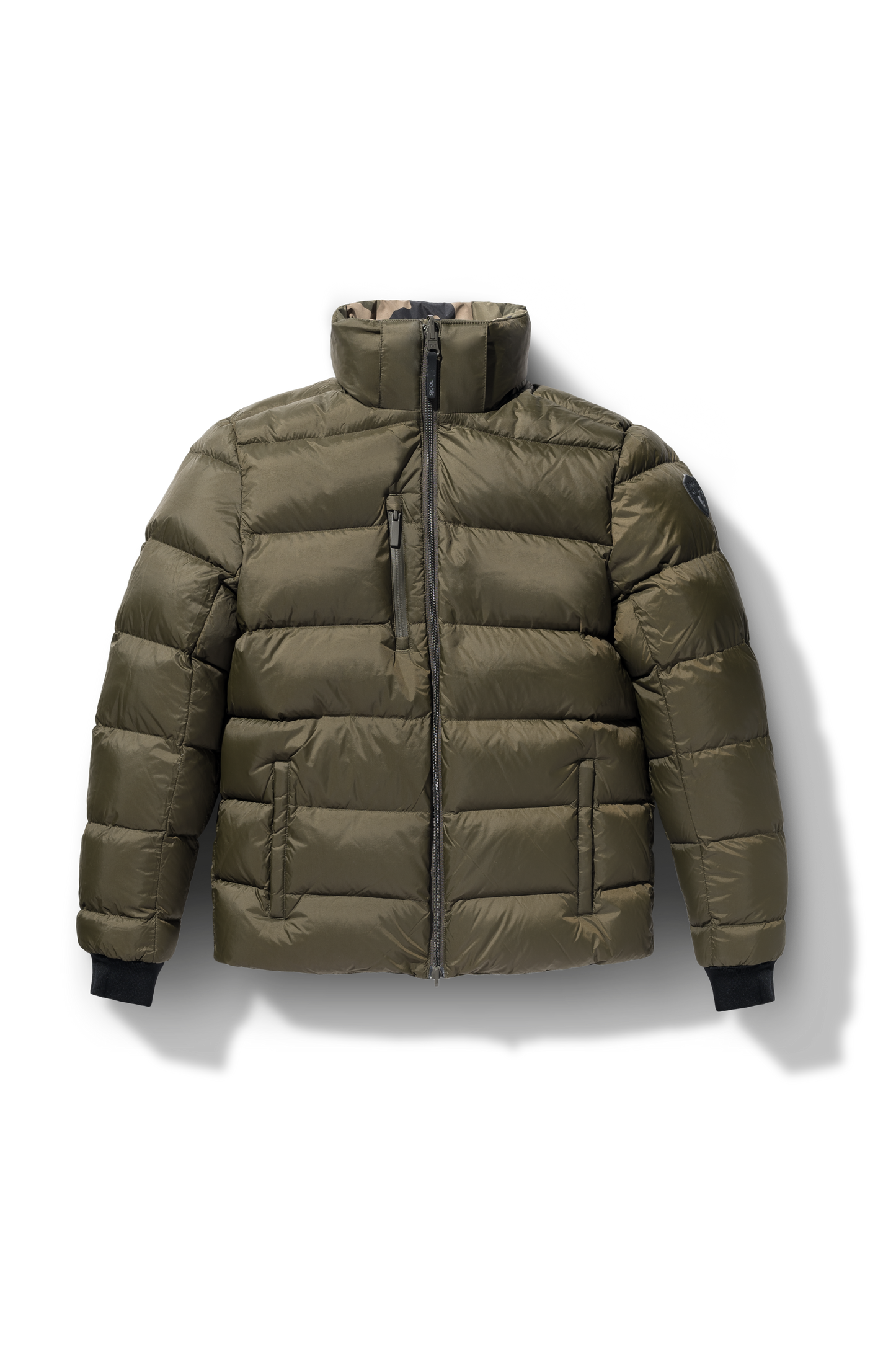 Oliver Men's Oversized Reversible Puffer from waterproof side to quilted puffer side, Canadian Duck Down insulation, in hip length, removable down-filled hood, multiple zipper pockets, 2-way center-front zipper, ribbed cuffs, in Camo