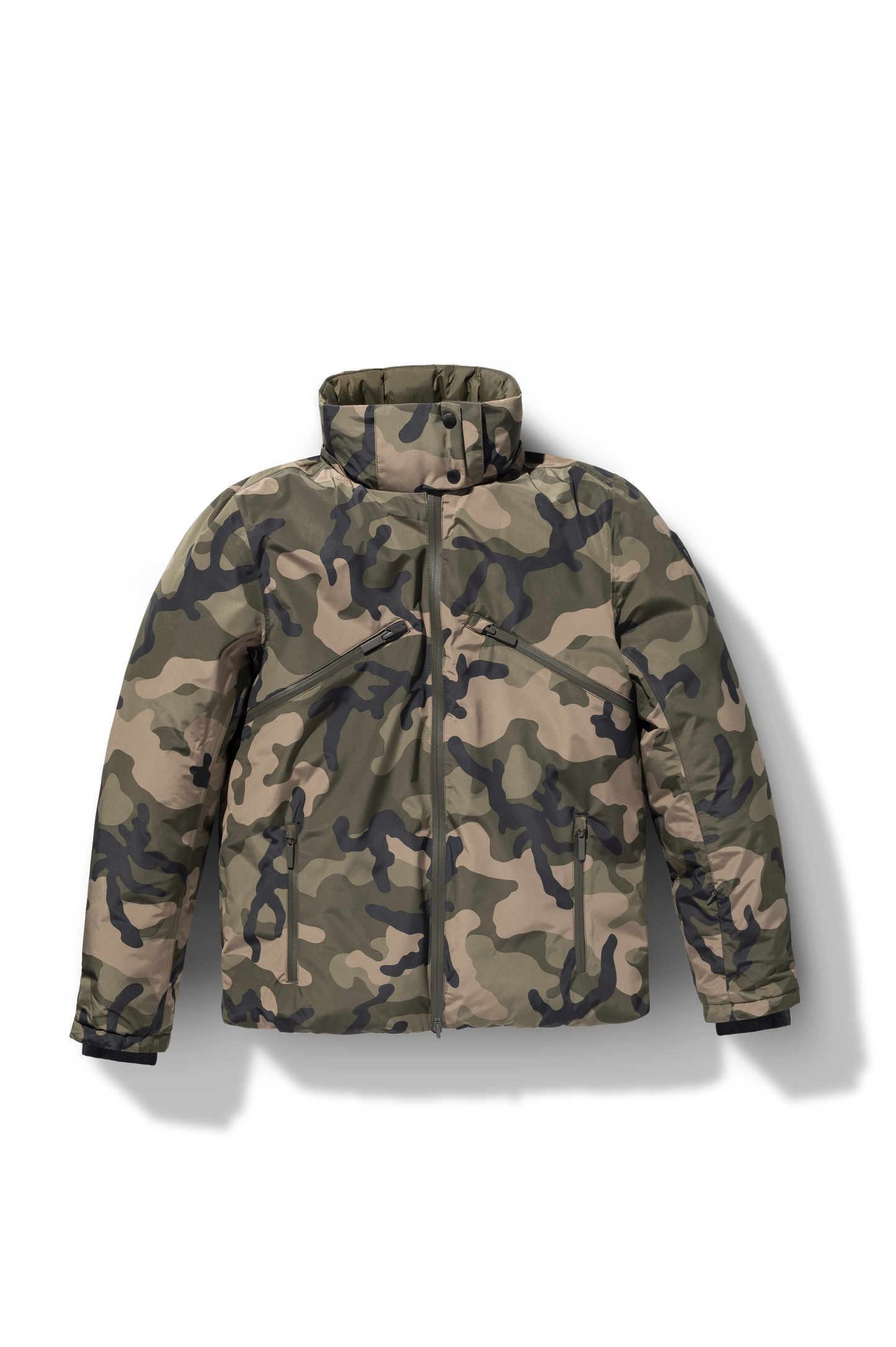 Oliver Men's Oversized Reversible Puffer from waterproof side to quilted puffer side, Canadian Duck Down insulation, in hip length, removable down-filled hood, multiple zipper pockets, 2-way center-front zipper, ribbed cuffs, in Camo