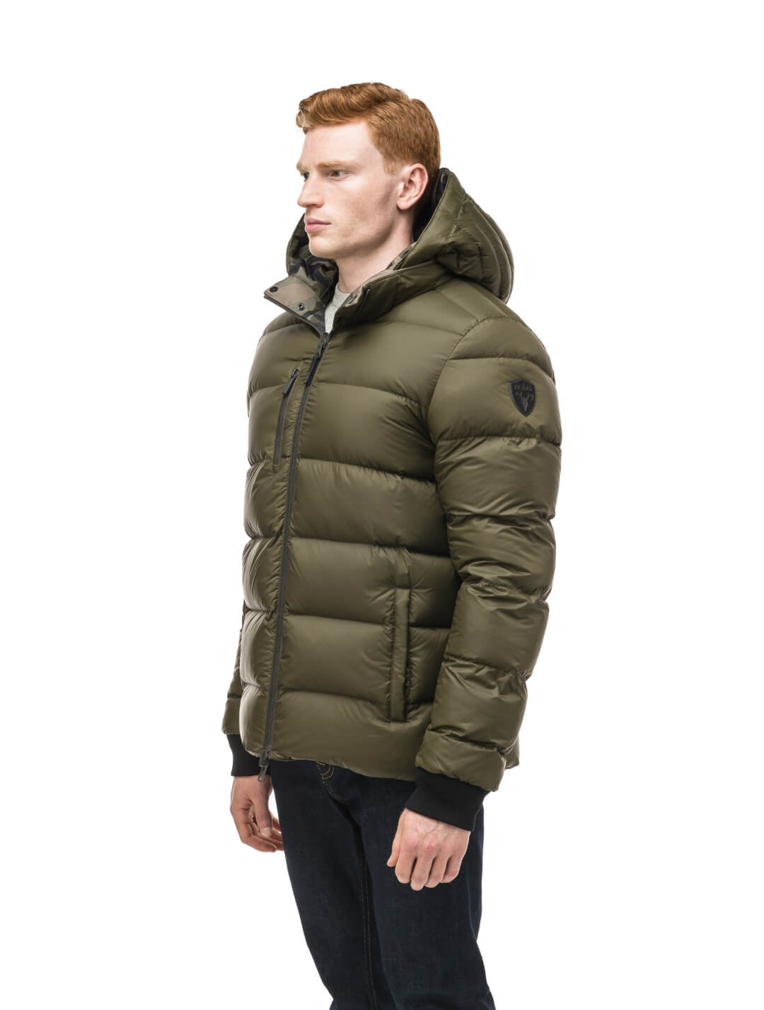 Oliver Men's Oversized Reversible Puffer from waterproof side to quilted puffer side, Canadian Duck Down insulation, in hip length, removable down-filled hood, multiple zipper pockets, 2-way center-front zipper, ribbed cuffs, in Camo