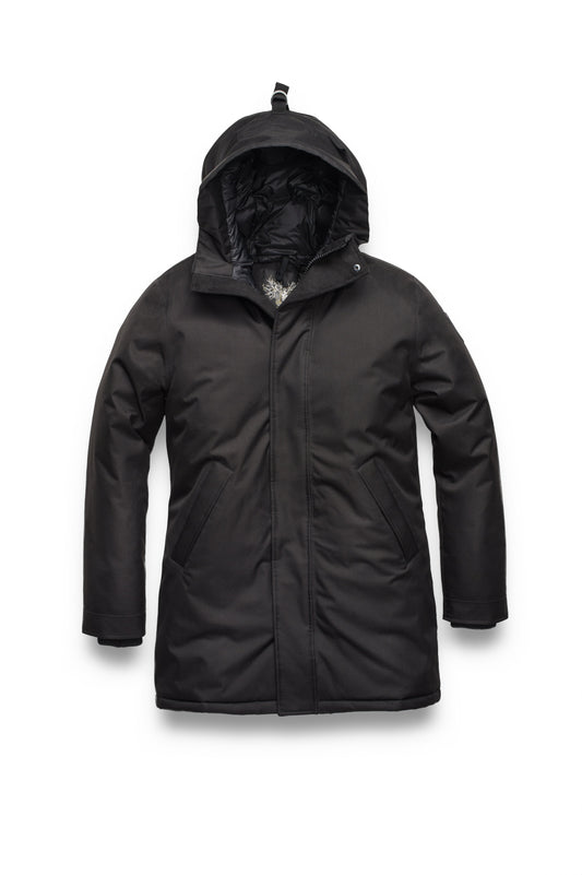 Pierre Men's Jacket in thigh length, Canadian white duck down insulation, non-removable down-filled hood, angled waist pockets, centre-front zipper with wind flap, and elastic ribbed cuffs, in CH Black + CH Black