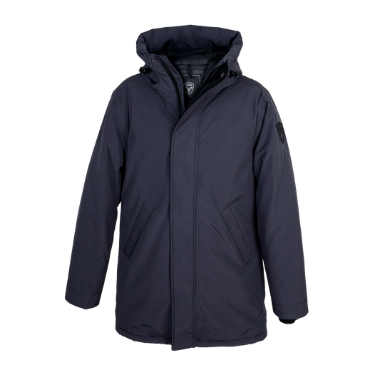 Pierre Men's Jacket in thigh length, Canadian white duck down insulation, non-removable down-filled hood, angled waist pockets, centre-front zipper with wind flap, and elastic ribbed cuffs, in 3L Black + 3L Black