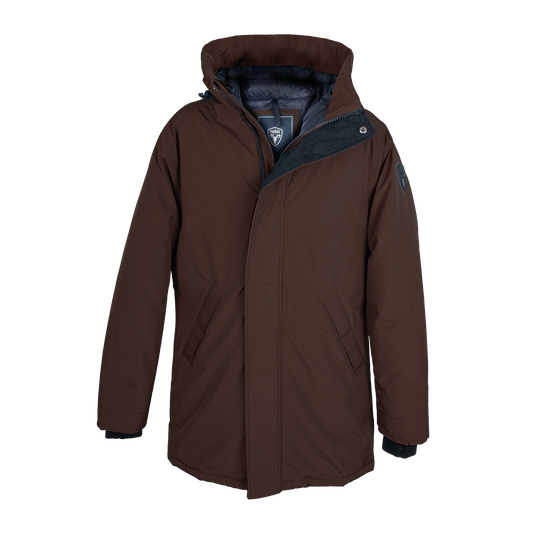 Pierre Men's Jacket in thigh length, Canadian white duck down insulation, non-removable down-filled hood, angled waist pockets, centre-front zipper with wind flap, and elastic ribbed cuffs, in 3L Coffee Bean + 3L Coffee Bean