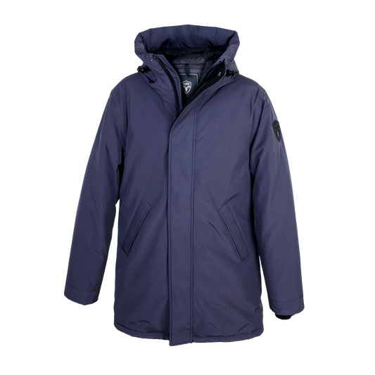 Pierre Men's Jacket in thigh length, Canadian white duck down insulation, non-removable down-filled hood, angled waist pockets, centre-front zipper with wind flap, and elastic ribbed cuffs, in 3L Navy + 3L Navy