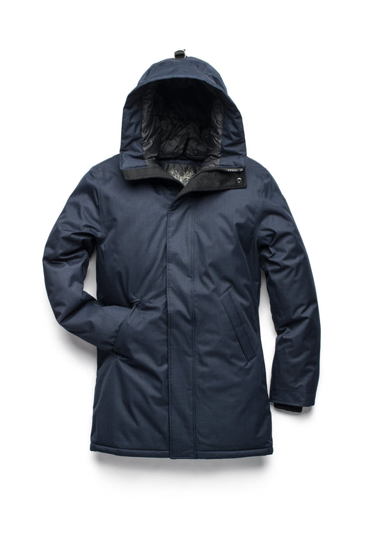 Pierre Men's Jacket in thigh length, Canadian white duck down insulation, non-removable down-filled hood, angled waist pockets, centre-front zipper with wind flap, and elastic ribbed cuffs, in CH Navy + CH Navy