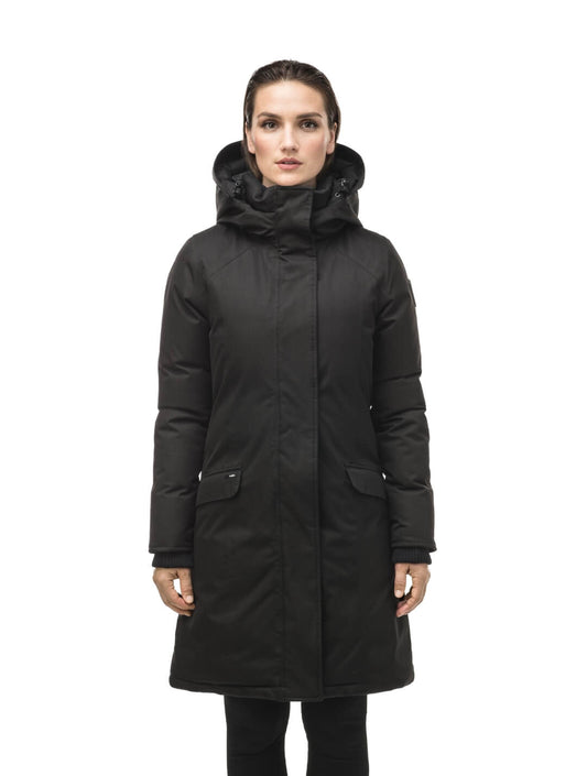 Rebecca Women's Parka in knee length, Canadian duck down insulation, two-way zipper with magnetic front placket, non-removable hood with removable coyote fur trim, in Black + Black