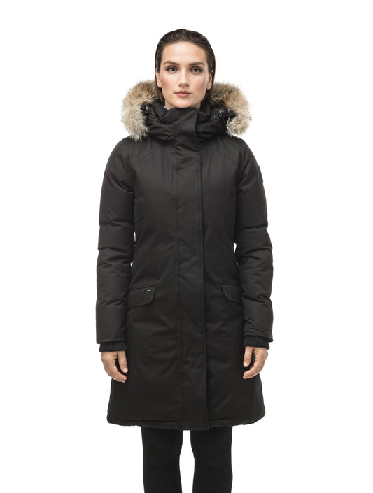 Rebecca Women's Parka in knee length, Canadian duck down insulation, two-way zipper with magnetic front placket, non-removable hood with removable coyote fur trim, in Black + Black