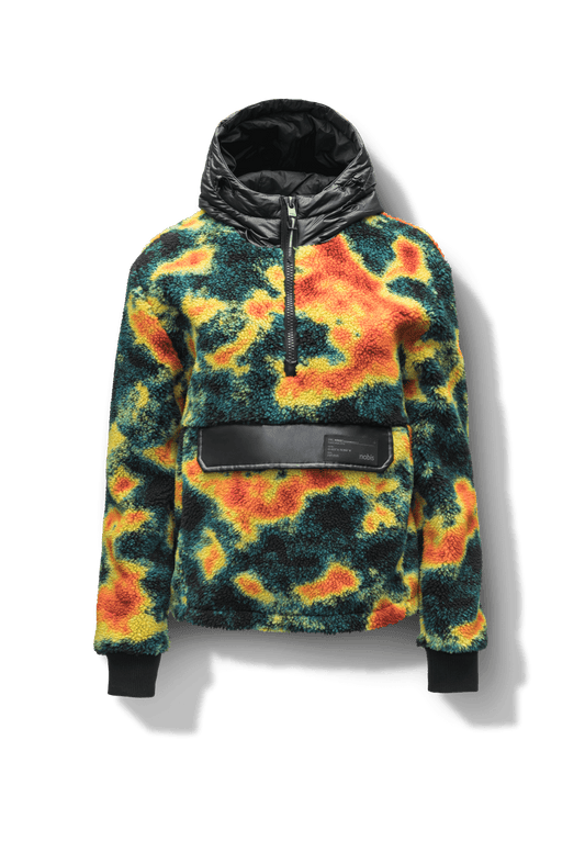 Roche Women's Hybrid Berber Pullover Hoodie in hip length, premium berber and cire technical nylon taffeta fabrication, Primaloft Gold Insulation Active+, non-removable hood with zipper at collar, kangaroo pocket with magnetic closure flap and additional side-entry pockets, ribbed cuffs, adjustable drawcords at side hem, in Heat Map + Heat Map