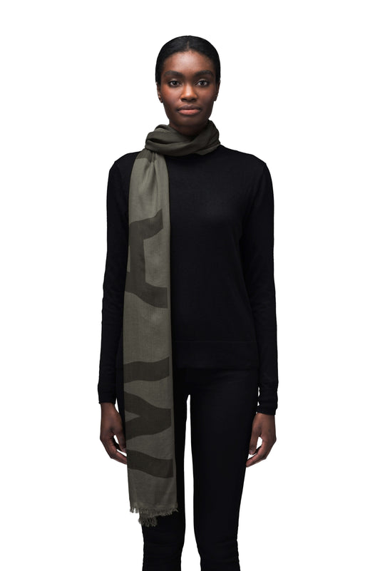 Six and a half foot long, unisex linen blend scarf with "MAFUZZY" text print in Dusty Olive + Dusty Olive