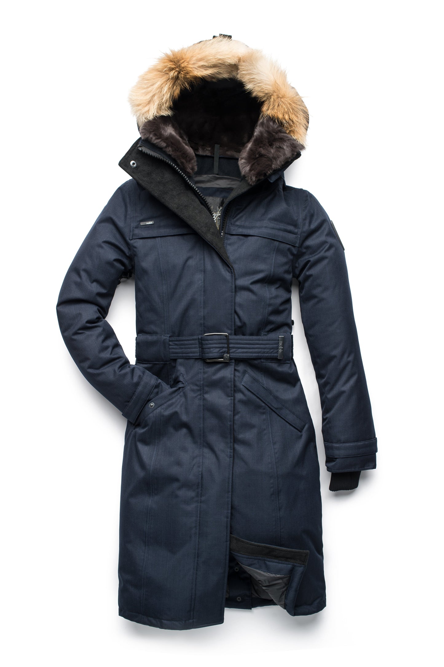 Women's knee length down filled parka with a belted waist and fully removable Coyote and Rex Rabbit fur ruffs in CH Navy