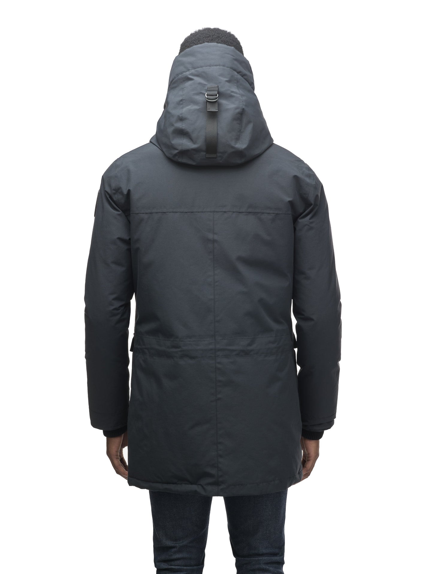 Men's lightweight thigh length down filled parka in Black