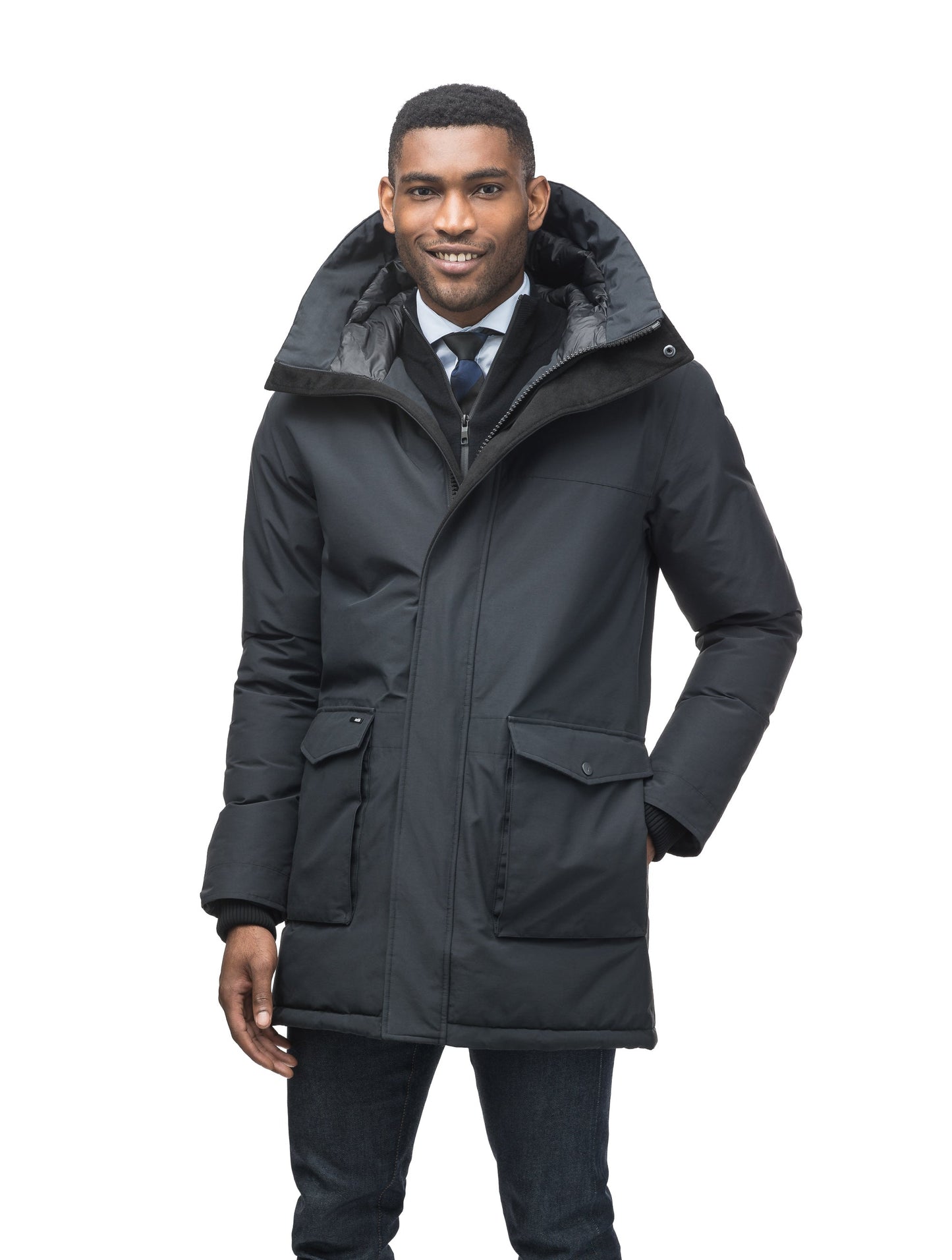 Men's lightweight thigh length down filled parka in Black
