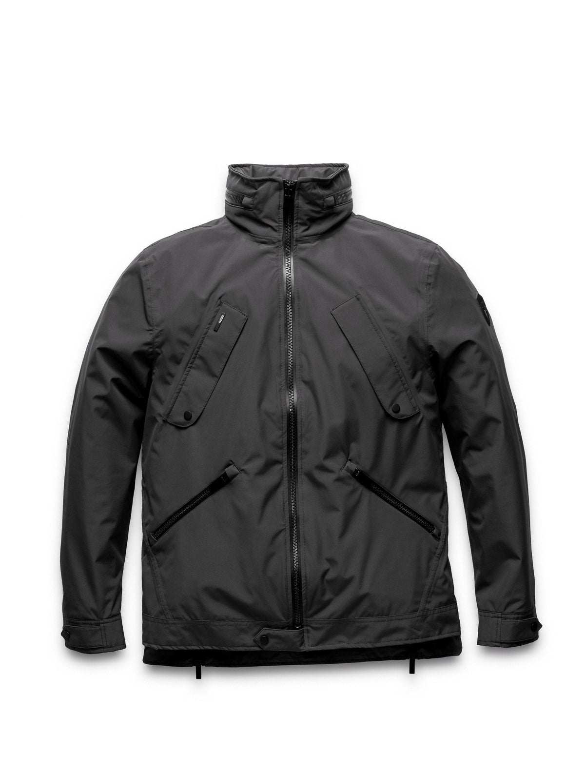 Men's waist length waterproof jacket with exposed zipper in Black