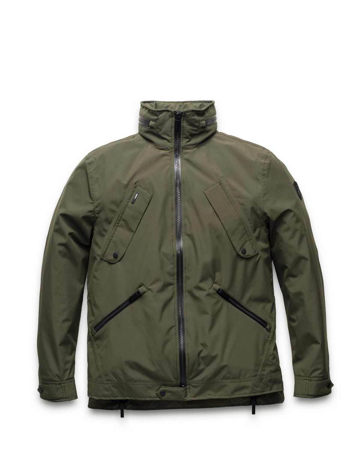 Men's waist length waterproof jacket with exposed zipper in Fatigue