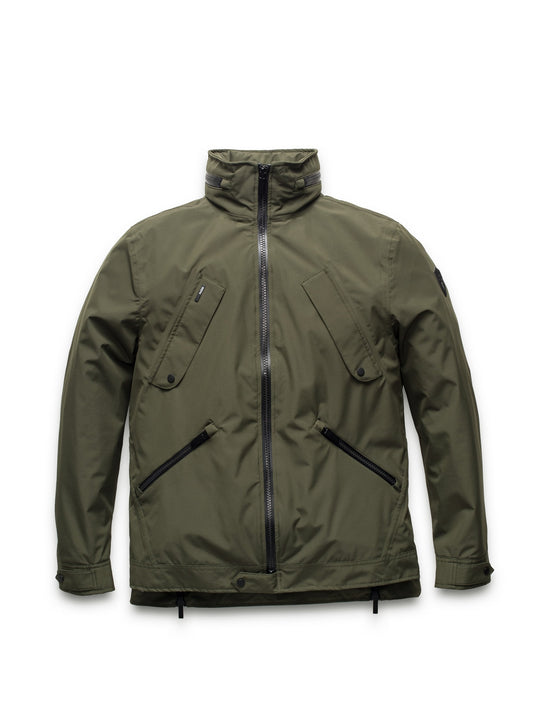 Men's waist length waterproof jacket with exposed zipper in Fatigue + Fatigue