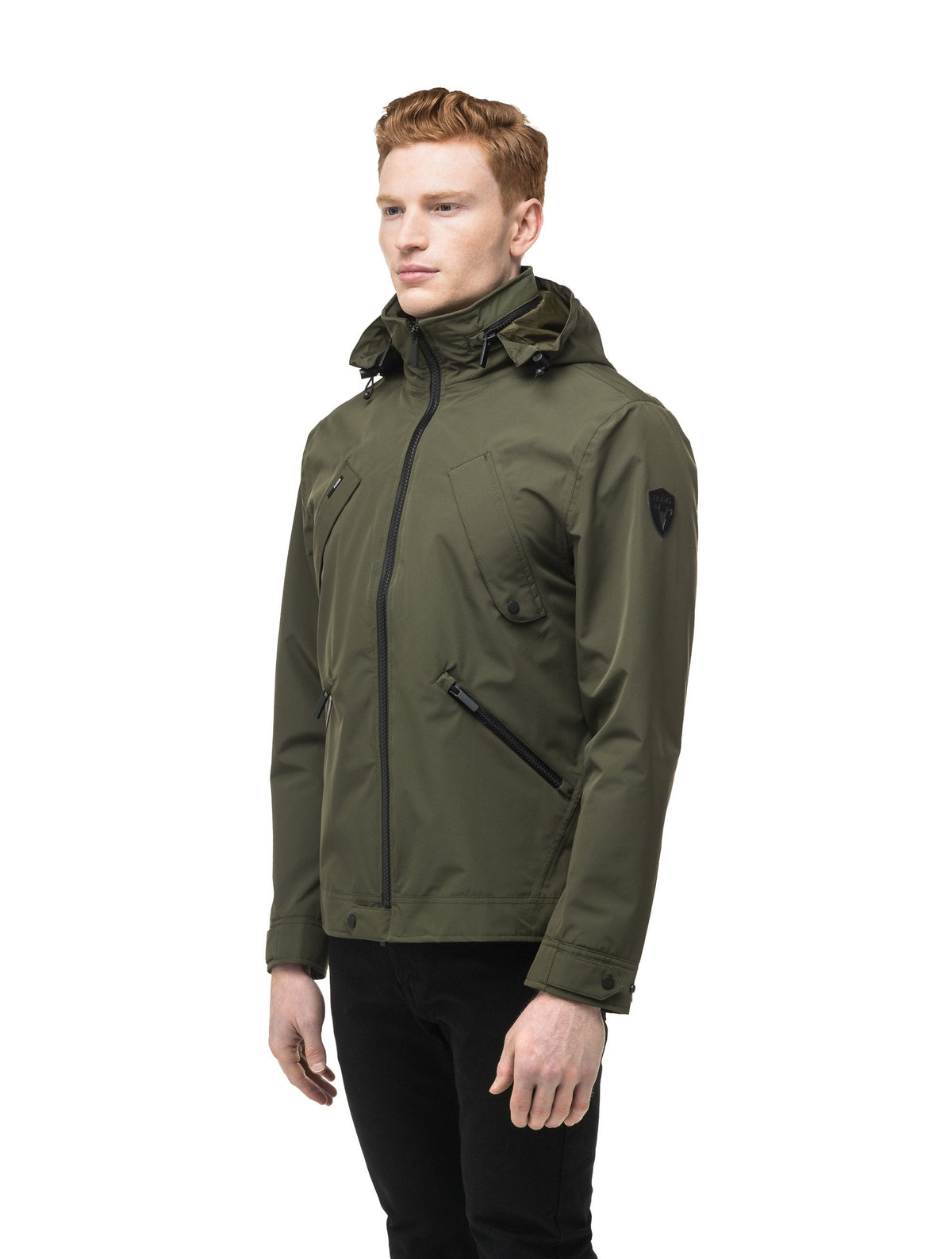 Men's waist length waterproof jacket with exposed zipper in Fatigue