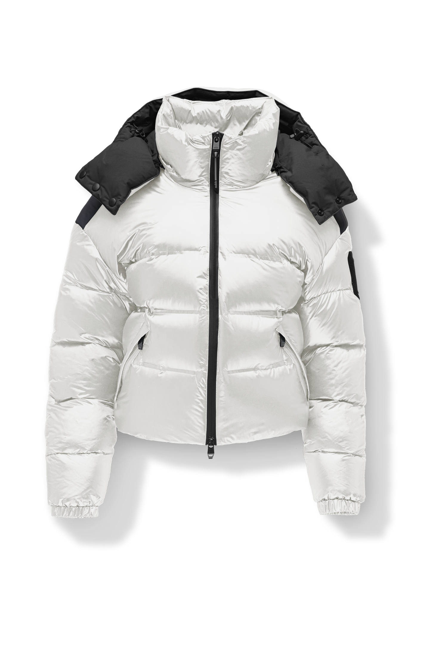 Tempus Women's Performance Short Puffer Jacket in waist length, premium technical nylon taffeta fabrication, Premium Canadian origin White Duck Down insulation, removable down-filled hood, two-way centre-front zipper, fleece-lined zipper pockets at waist, pit zipper vents, in Chalk