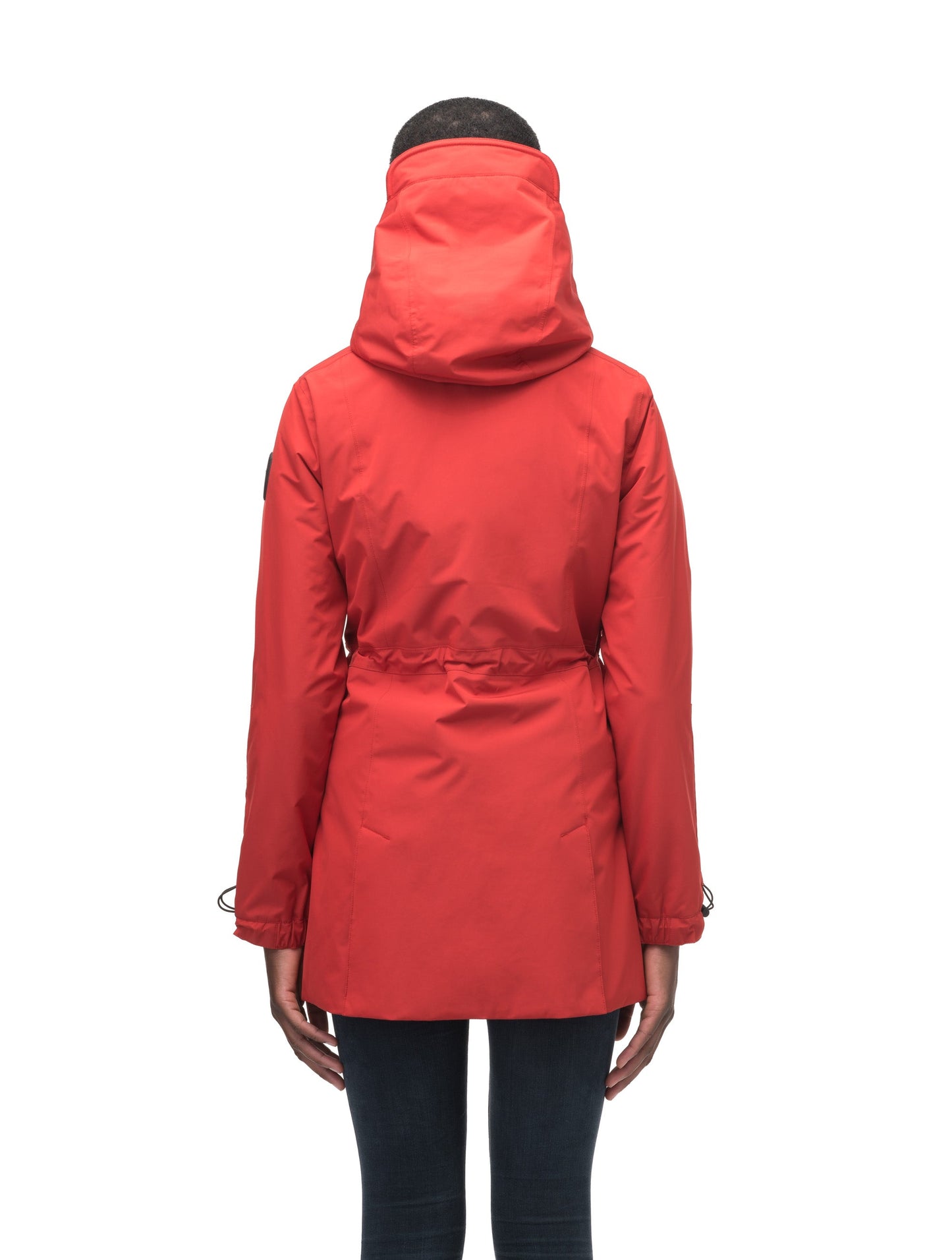 Women's thigh length raincoat with collar and non-removable hood in Vermillion