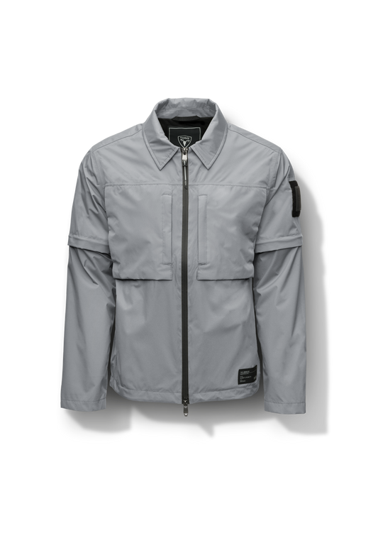 Thurlow Men's Performance Zip Off Sleeve Rain Shirt in hip length, convertible collar, patch chest zipper pockets, hidden in-seam pockets, zip off sleeves, centre front two-way zipper closure, in Concrete + Concrete