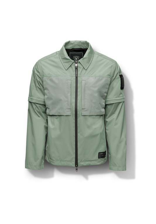 Thurlow Men's Performance Zip Off Sleeve Rain Shirt in hip length, convertible collar, patch chest zipper pockets, hidden in-seam pockets, zip off sleeves, centre front two-way zipper closure, in Duck Green + Duck Green