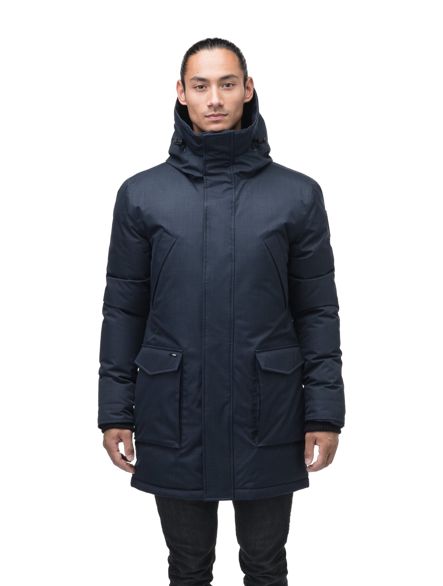 Men's thigh length down-filled parka with non-removable hood in Navy