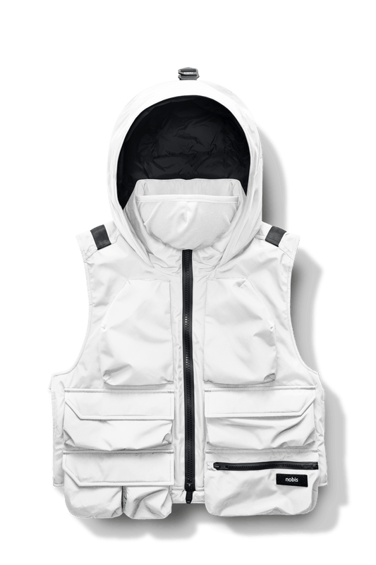 Vulcan Unisex Tactical Vest in waist length, Primaloft Gold Insulation Active, non-removable hood, removable face mask, seven pockets on front and back, and two-way front zipper, in Chalk + Chalk