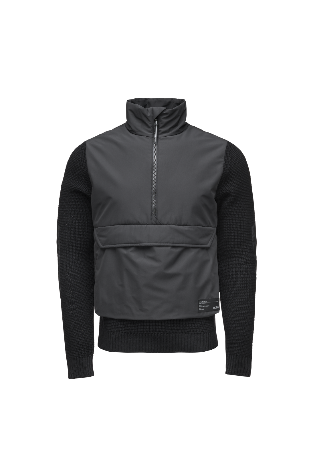 Wai Men's Performance Half Zip Sweater in hip length, 3-Ply Micro Denier and Merino wool knit fabrication, Primaloft Gold Insulation Active+, centre front zipper, flap kangaroo pocket with magnetic closure, and hidden side-entry zipper pockets at waist, in Black