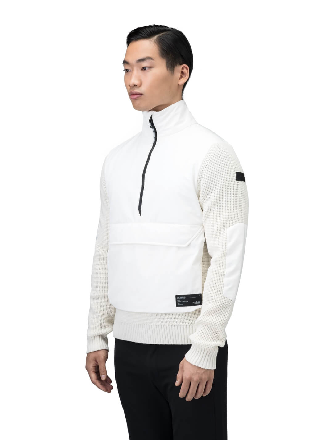 Wai Men's Performance Half Zip Sweater in hip length, 3-Ply Micro Denier and Merino wool knit fabrication, Primaloft Gold Insulation Active+, centre front zipper, flap kangaroo pocket with magnetic closure, and hidden side-entry zipper pockets at waist, in Chalk