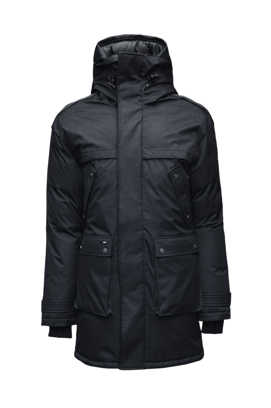 Men's Best Selling Parka the Yatesy is a down filled jacket with a zipper closure and magnetic placket in Black + Black