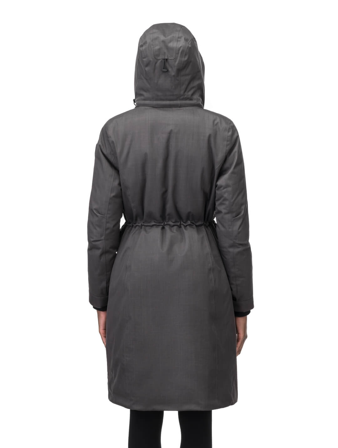 Zenith Ladies Knee Length Parka in knee length, Canadian duck down insulation, removable hood with removable fur ruff trim, and two-way front zipper, in Steel Grey