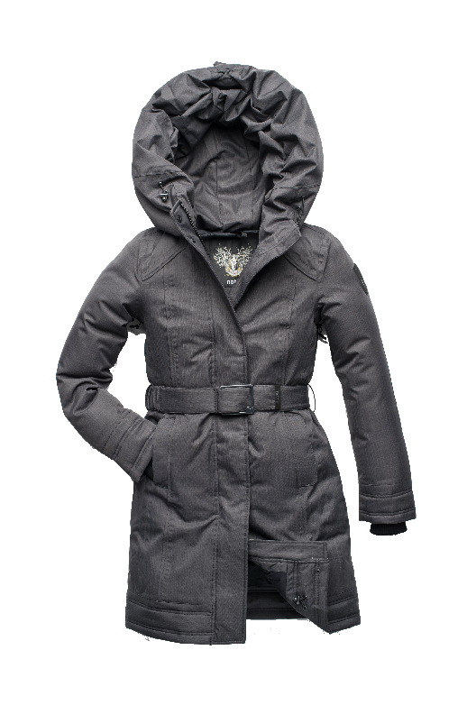 Women's Thigh length own parka with a furless oversized hood in CH Steel Grey + CH Steel Grey