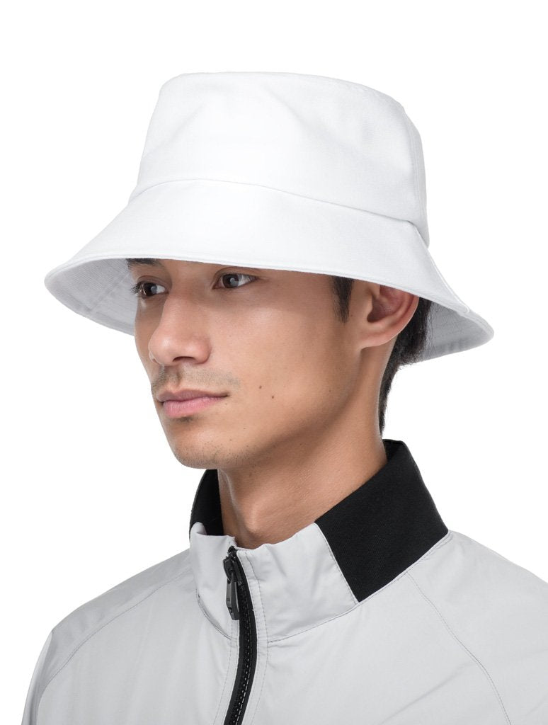 Unisex wide brim bucket hat with stitching detail on brim in Optic White