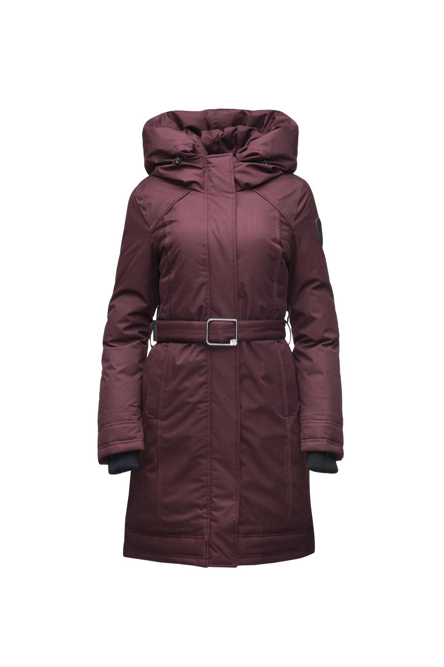 Women's Thigh length own parka with a furless oversized hood in Merlot