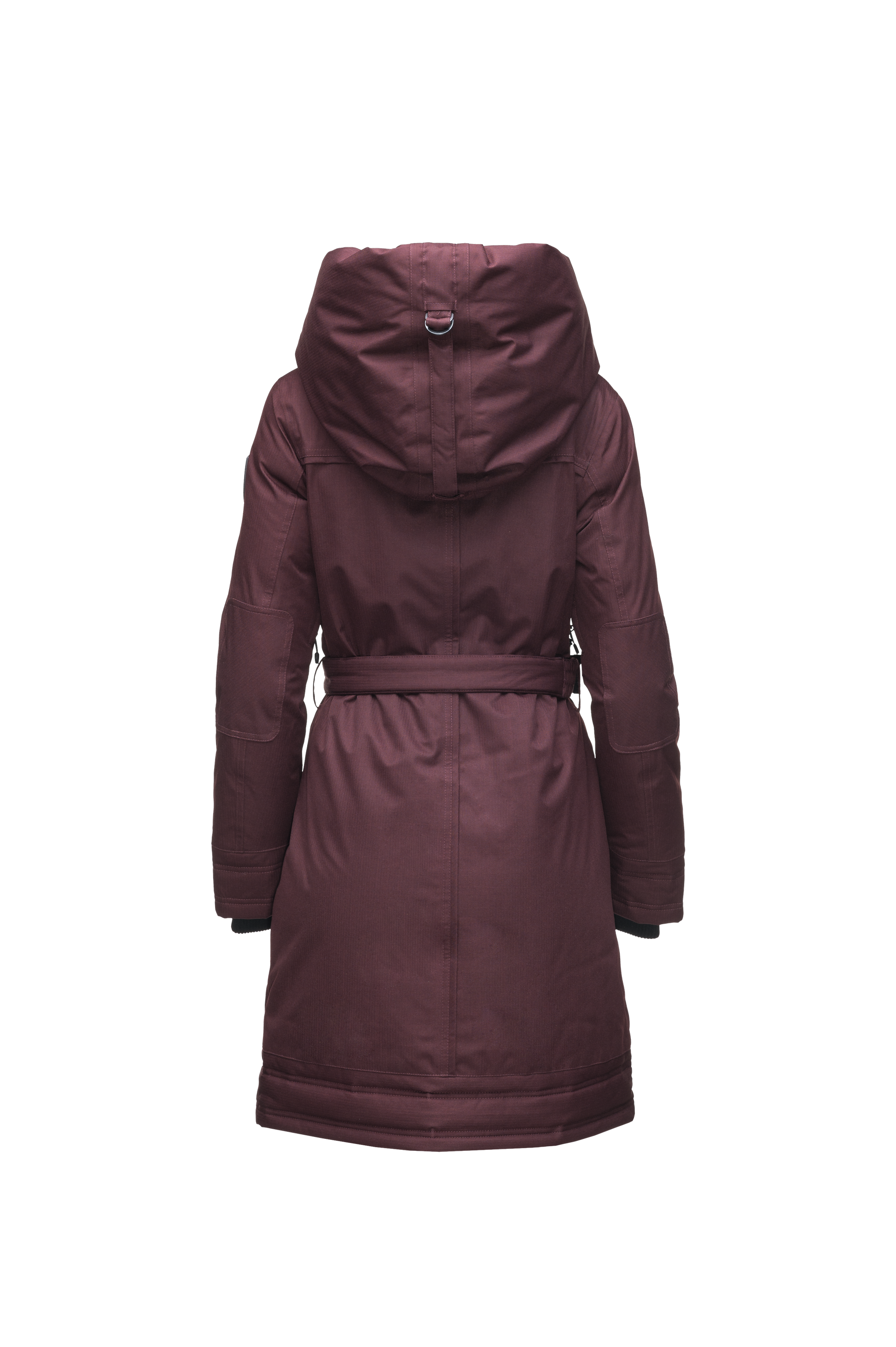 Women's Thigh length own parka with a furless oversized hood in Merlot