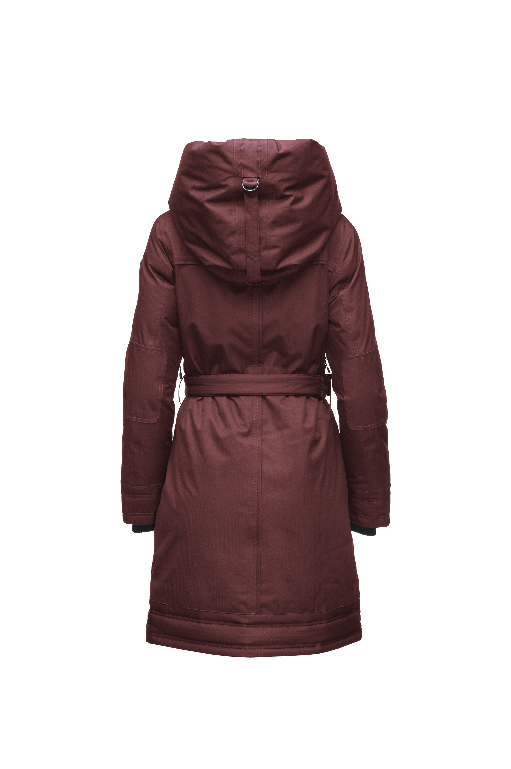 Women's Thigh length own parka with a furless oversized hood in CH Red Rum