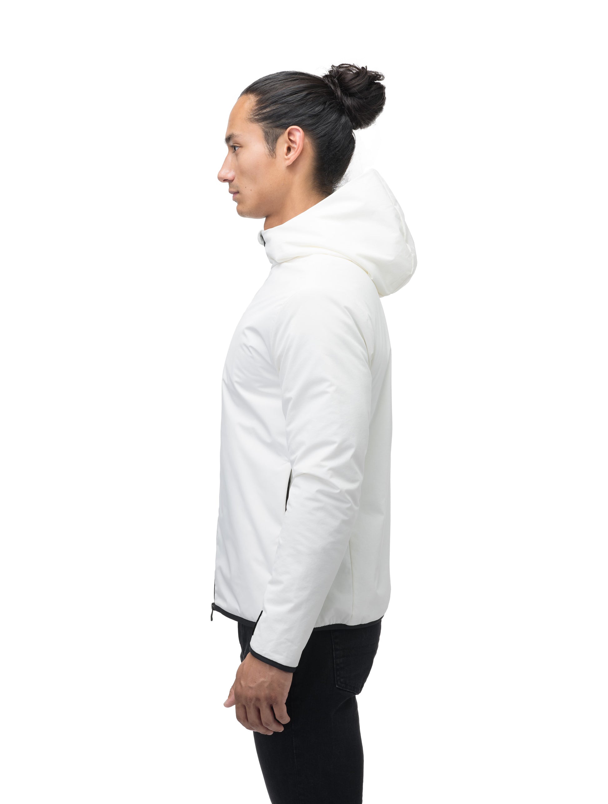 Men's hip length mid layer jacket with non-removable hood and two-way zipper in Chalk