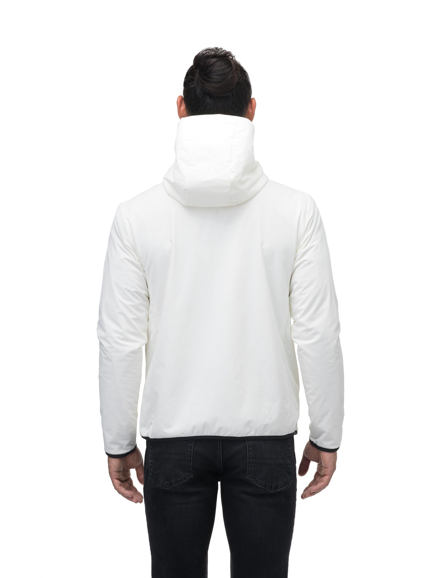 Men's hip length mid layer jacket with non-removable hood and two-way zipper in Chalk