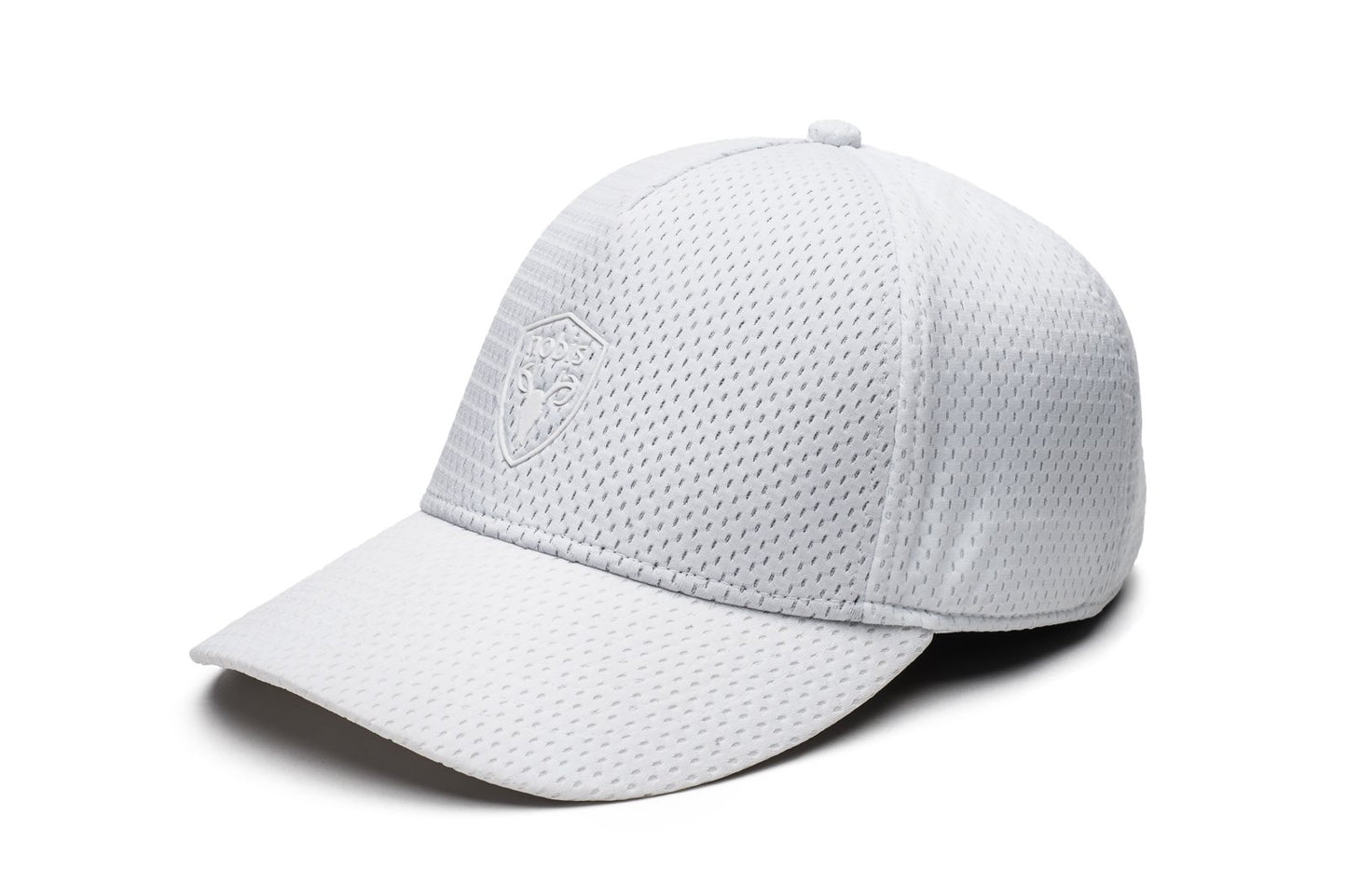 Unisex jersey 5-panel baseball hat with curved brim and adjustable strap at back in White