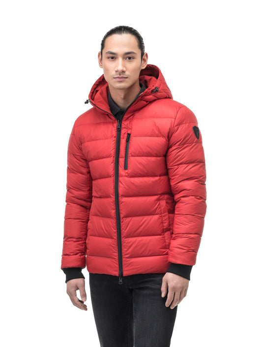 Chris Men's Mid Weight Reversible Puffer Jacket in hip length, Canadian duck down insulation, non-removable adjustable hood, ribbed cuffs, and quilted body on reversible side, in Vermillion