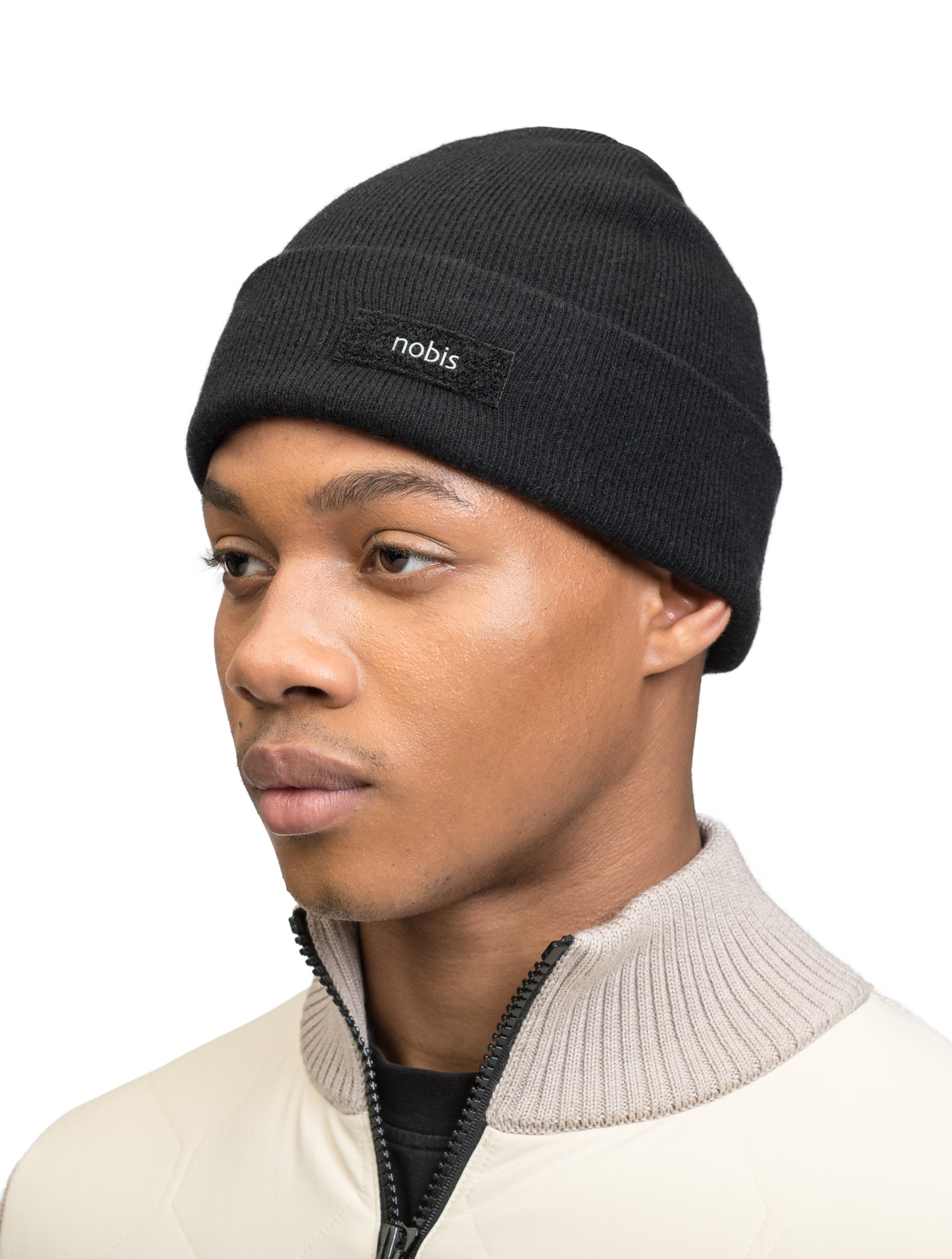 Dalia Unisex Jersey Knit Beanie in extrafine merino wool, and nobis label on cuff, in Black