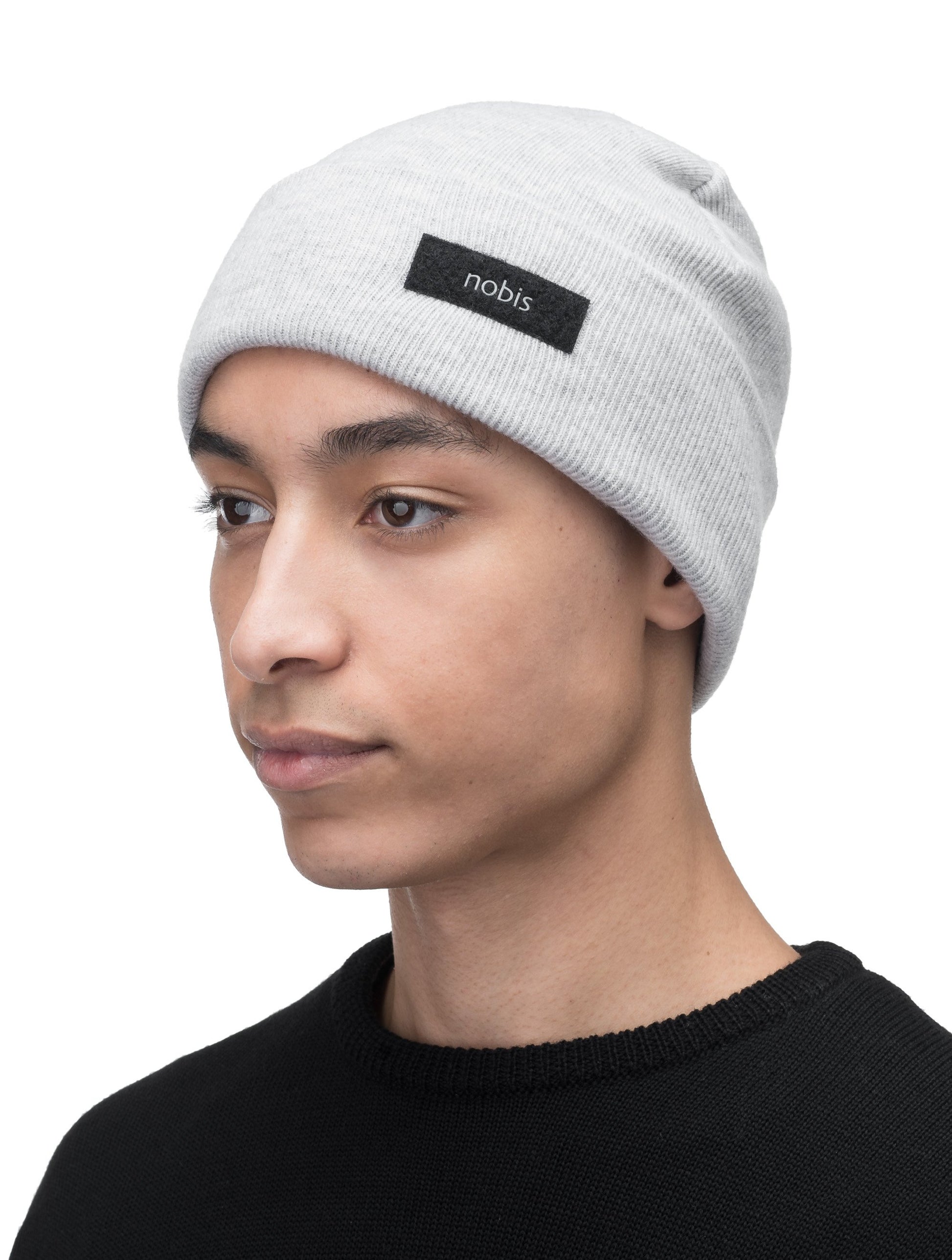 Dalia Unisex Jersey Knit Beanie in extrafine merino wool, and nobis label on cuff, in Gravel