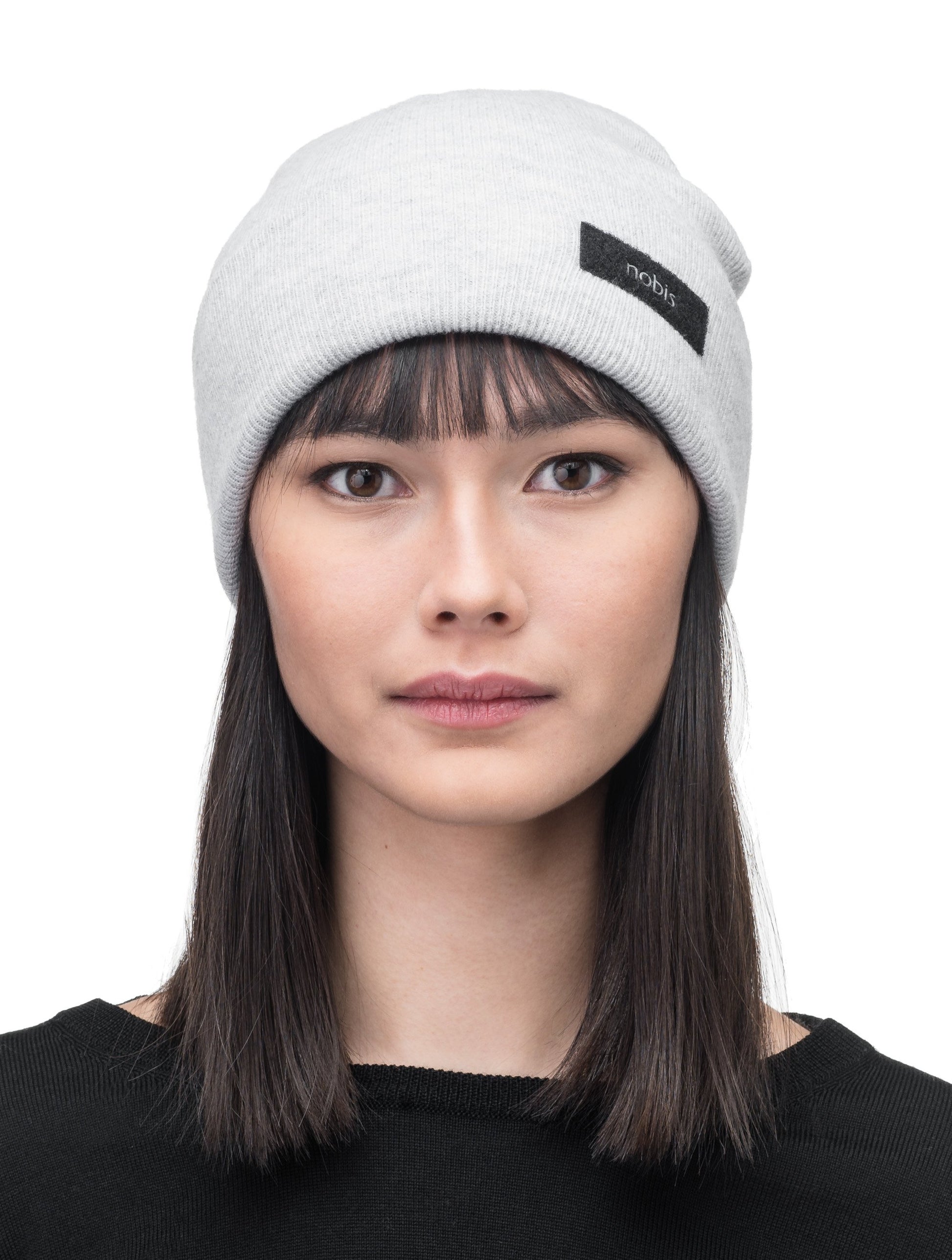 Dalia Unisex Jersey Knit Beanie in extrafine merino wool, and nobis label on cuff, in Gravel