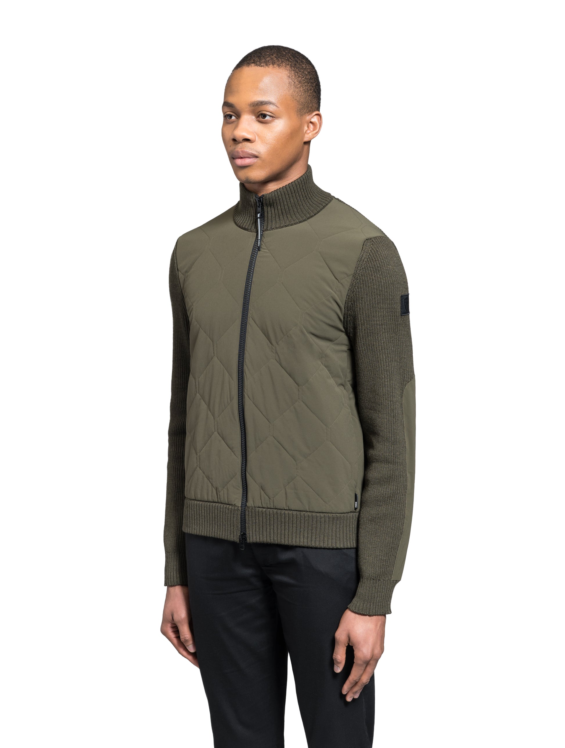 Ero Men's Tailored Hybrid Sweater in hip length, PrimaLoft Gold Insulation Active+, Durable 4-Way Stretch Weave quilted torso, Merino wool knit collar, sleeves, back, and cuffs, two-way front zipper, and hidden waist pockets, in Fatigue