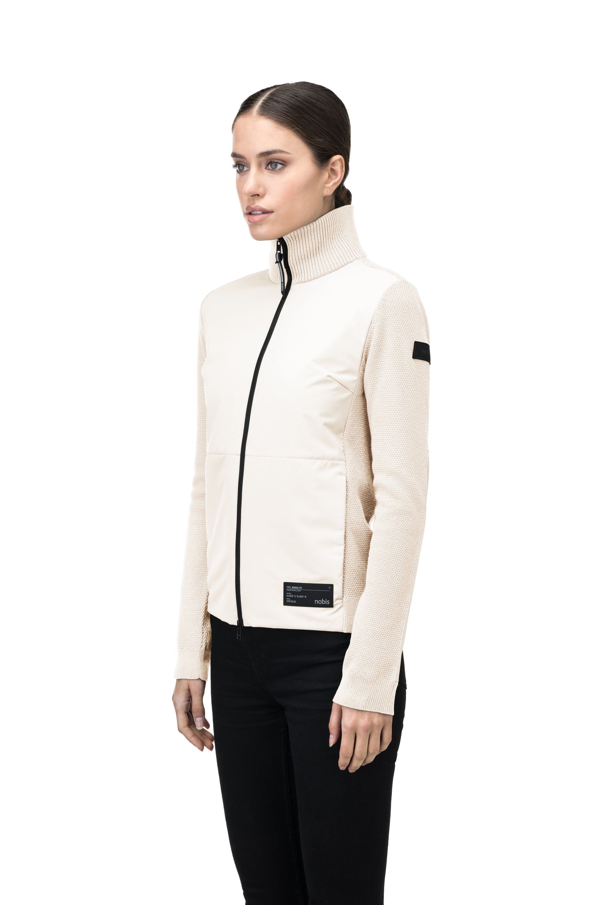 Evo Ladies Performance Full Zip Sweater in hip length, Primaloft Gold Insulation Active+, Merion wool knit collar, sleeves, back, and cuffs, two-way front zipper, and hidden waist pockets, in Chalk