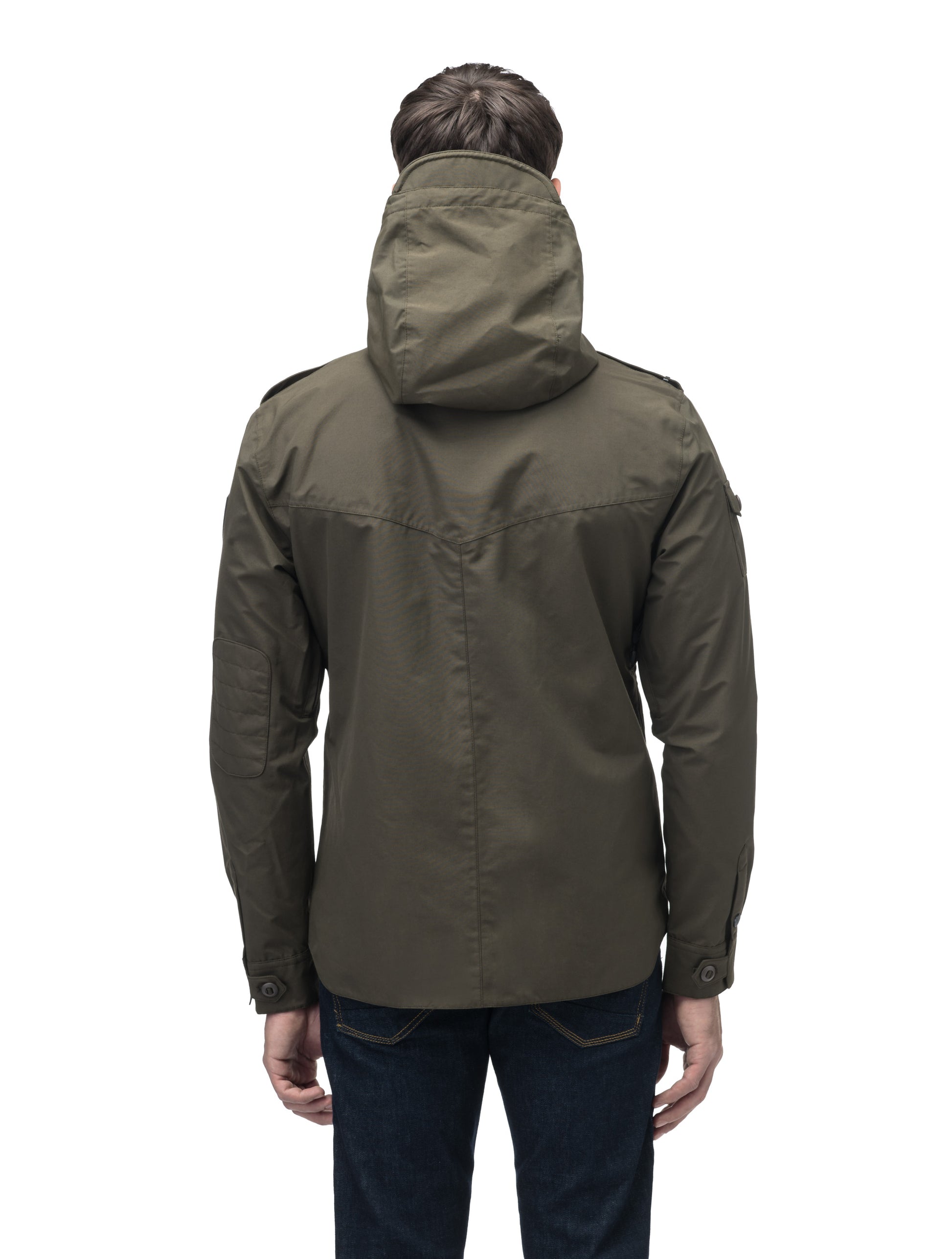 Men's hooded shirt jacket with patch chest pockets in Fatigue