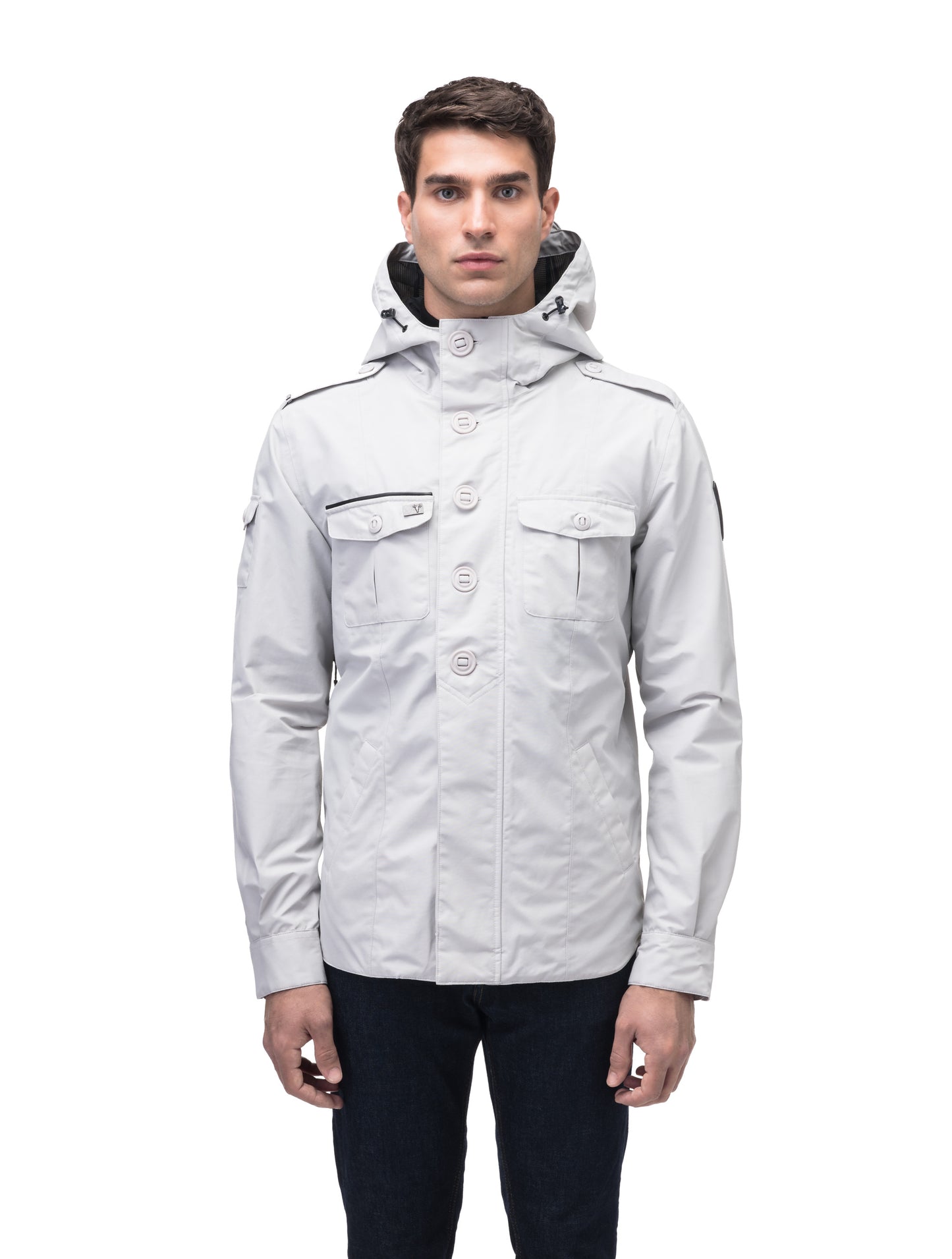 Men's hooded shirt jacket with patch chest pockets in Light Grey