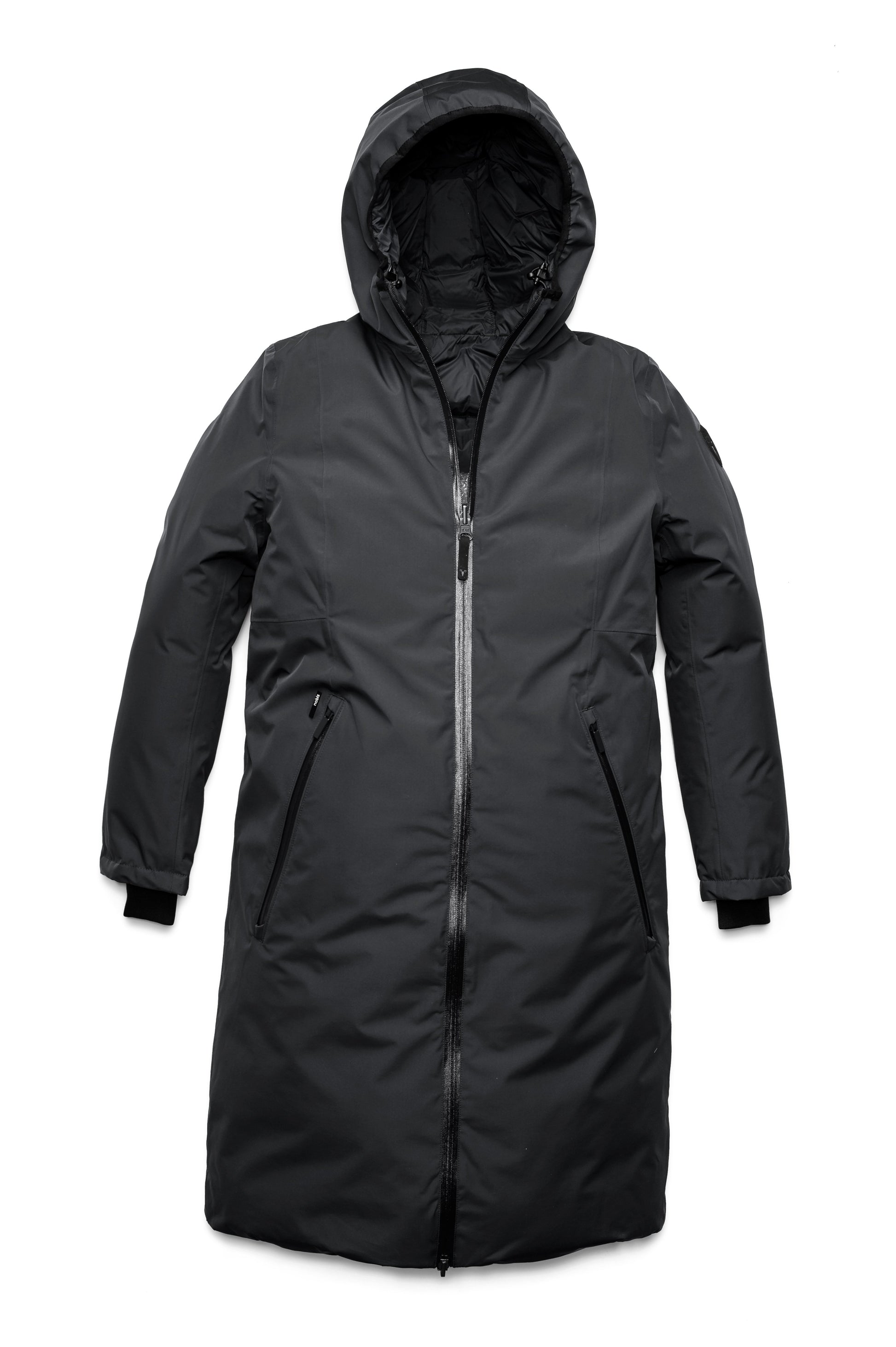 Ladies knee length reversible down-filled parka with non-removable hood in Black