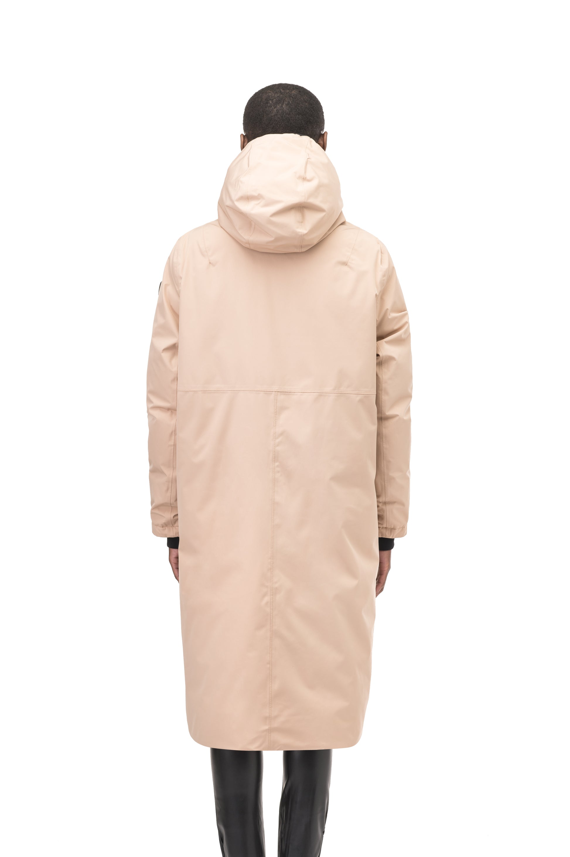 Ladies knee length reversible down-filled parka with non-removable hood in Fawn